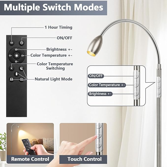 Reading Floor Lamp, 72" Tall LED Lamp with Flexible Gooseneck, Dimmable Zoomable Spotlight, Adjustable Color Beam Standing Lamp, Touch & Remote Control, Task Craft Bedroom Living Room (Brushed Nickel)