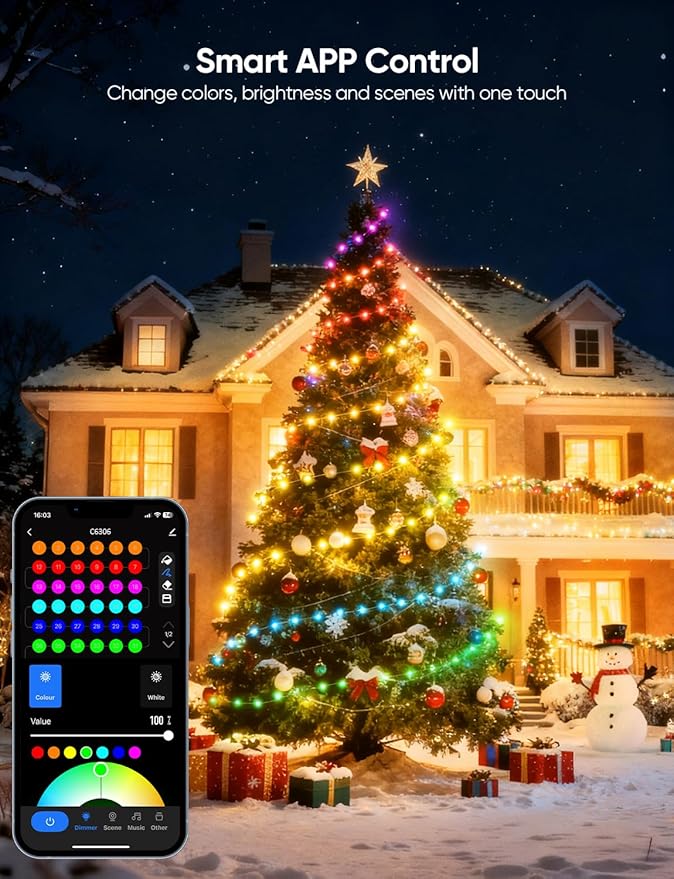 APPECK Christmas String Lights,66 FT 200 LED Outdoor String Lights, 111 Scene Modes Smart RGBW Color Changing Fairy Lights with App Controlled, Decoration String Light for Indoor, Outdoor Tree Decor