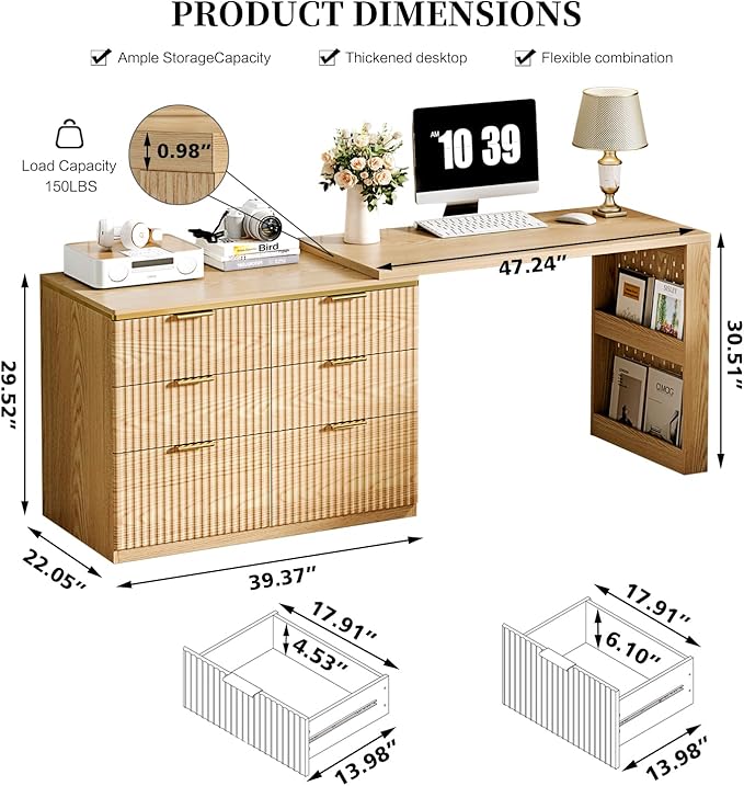 L Shaped Standing Desk,47" Home Office Desks, Executive, Farmhouse Computer Desk with 6 Drawers File Drawer, Rustic Computer Writing, Oak