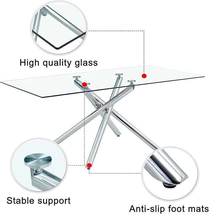Modern Glass Dining Table for 6-8,Rectangular Glass Kitchen Table with Tempered Glass Tabletop and Silver Chrome Metal Legs for Kitchen Dining Room (Silver)