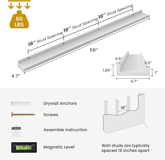 Solid Ash Wood Picture Ledge Shelf, Floating Shelves Set of 2, 56 Inch Long Large Ledge Shelves, Nursery Book Shelves Wall Mounted for Living Room Bedroom Kitchen Decor Kids Bookshelf, White