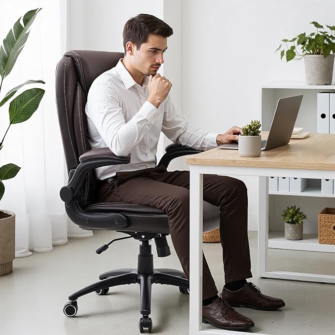 Ergonomic PU Leather Office Chair with Flip-Up Armrests, Reclining Backrest, Adjustable Height & Tilt Tension, Thick Padded Seat, Breathable Leather, 300LBS Capacity Executive Desk Chair,Brown