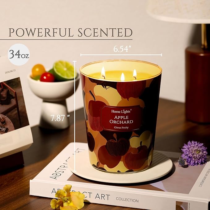 HomeLights Large jar Candle | 3-Wick Long-Lasting Scented Candles, 34oz Natural Soy Wax Candle for Home Scented, Eclectic Mixed Styles Gifts for Women & Men, Apple Orchard