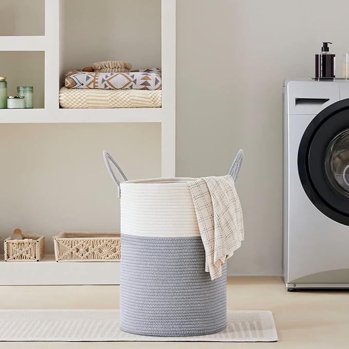 VIPOSCO Large Laundry Hamper, Tall Woven Rope Storage Basket for Blanket, Toys, Dirty Clothes in Living Room, Bathroom, Bedroom - 58L Grey & White