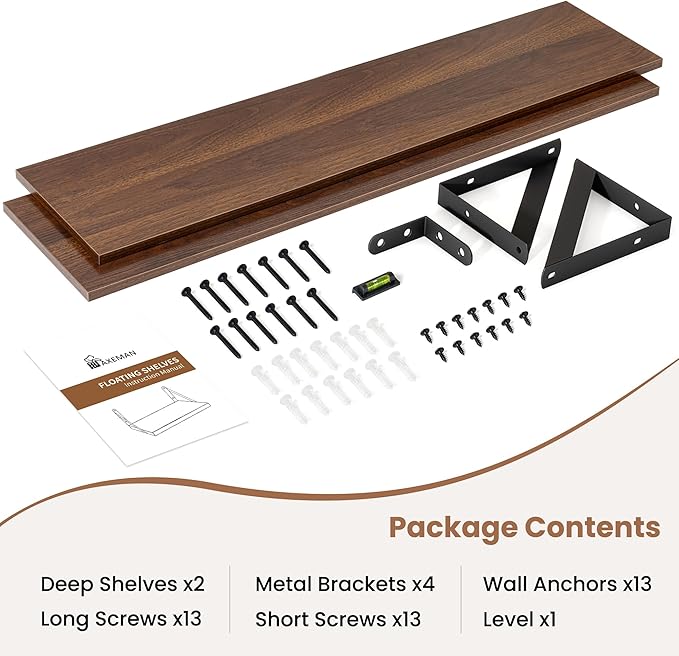 Axeman 32 Inch Floating Shelves | 8 Inch Deep Walnut Wall Shelves Set of 2 | 31.5W x 8D Rustic Wood Shelves for Bookshelf Living Room Bedroom Home Office Bathroom
