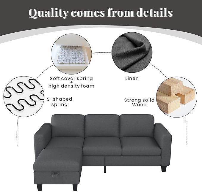 Sectional Sofa Couches for Living Room - 78''Convertible Modular Three-Seater L-Shaped Pet-Friendly Couch,Washable Sofa Cover-Bench Storage, Suitable for Small Living Room, Apartment,Office-Dark Gray