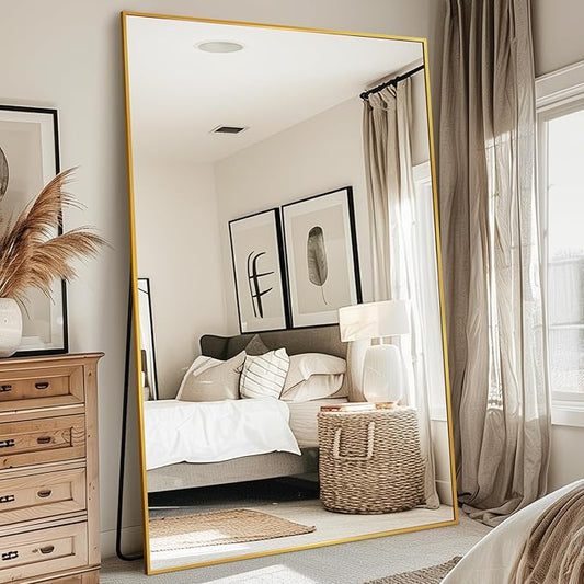 Full Length Mirror, 72"x44" Floor Mirror Freestanding, Oversized Floor Standing Full Body Mirror with Stand for Bedroom, Hanging Mounted for Living Room Cloakroom, Gold, Rect