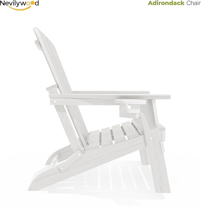 nevilywood Folding Adirondack Chair with Cup Holder Set of 4, HDPE Patio Chairs,All-Weather Outdoor Chairs for Backyard, Deck,Fire Pit-White