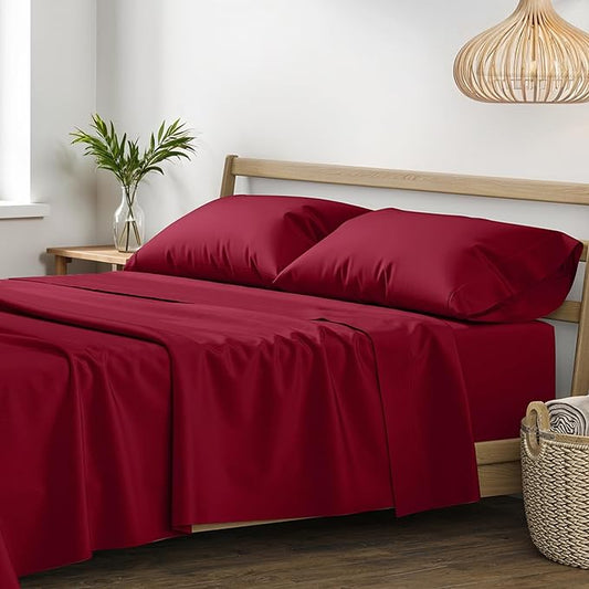 XOOX Linen 100% Egyptian Cotton Queen Sheet Set - Luxury 1200 High Thread Count Egyptian Cotton Sheets Queen Size (4 PC, Burgundy), Silky Soft, Cooling, 17" Deep Pocket Sateen Weave Hotel Bedding