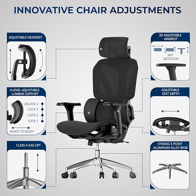 Ergonomic Office Chair – Mesh Office Chair with Headrest, Adjustable Armrest and Lumbar Support – Holds Up to 290lbs (GPP-MAX-90)