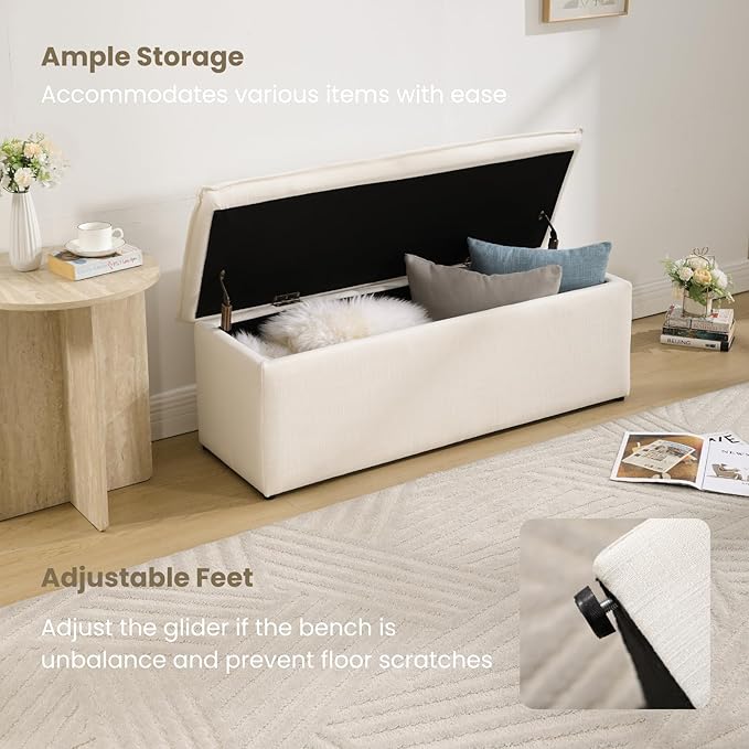 45.5 Inch Storage Ottoman Bench, Modern Upholstered Linen End of Bed Bench with 2 Safety Hinge, Entryway Bench with Seating for Bedroom Living Room, Beige