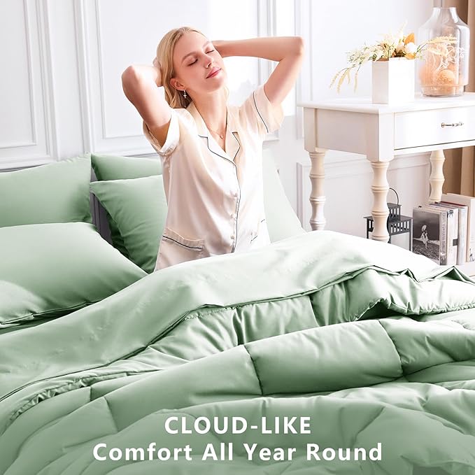 CozyLux Twin XL Comforter Set Sage Green, 5 Pieces Twin Extra Long Bed in a Bag for College Dorm, All Season Bedding Set with Stitch Quilted Comforter, Flat Sheet, Fitted Sheet, Pillowcases