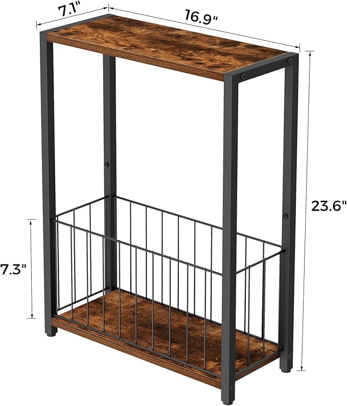 Narrow Side Tables Set of 2 with Magazine Holder, Skinny End Tables Perfect for Small Spaces, Space-Saving Design for Living Room, Bedroom, or Office, 7.1" D x 16.9" W x 23.6" H, Rustic Brown