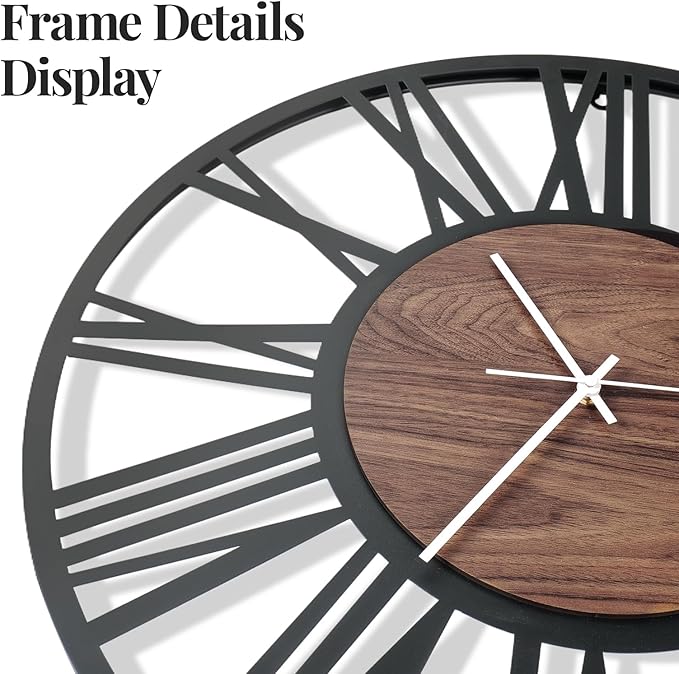 Wall Clock, Modern Clocks for Living Room Decor, 16 inch Wood Walnut Dial Decorative Wall Clock Battery Operated, Non Ticking Silent Black Metal Clock for Bedroom, Kitchen, Office-Roman Numerals