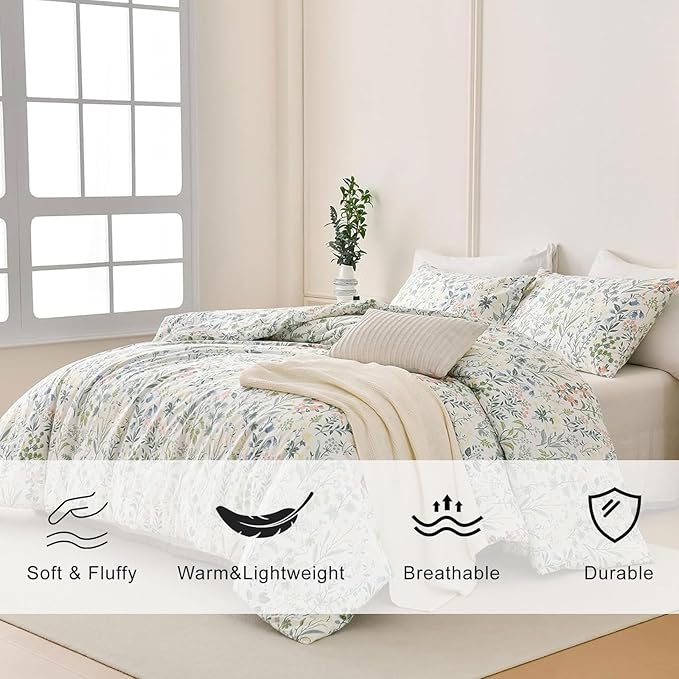 EAVD Botanical Floral Comforter Set Twin XL Soft Chic Cute Colorful Floral Leaves Print Bedding Set 1 Twin XL Comforter and 2 Pillowcases Vintage Garden Botanical Comforter Set for All-Season