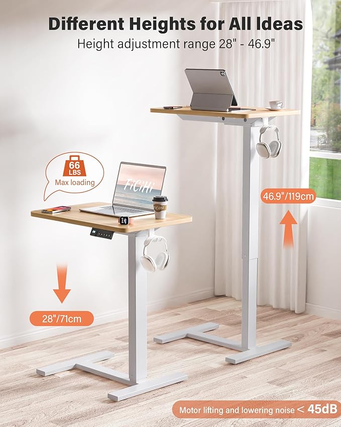 FiCiHi Small Electric Standing Desk - Adjustable Height Bedside Laptop Table with Wheels, Mobile, Portable Rolling Computer Cart,Movable, Home Office, Sofa, Couch Use(24x16,Maple)