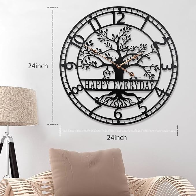 Tree of Life Wall Clock,Metal Black Large Wall Clock, 24inch Oversized Wall Clock for Living Room Bedroom Home Decor,Silent Mid-Century Clock,Modern Family Tree Clock