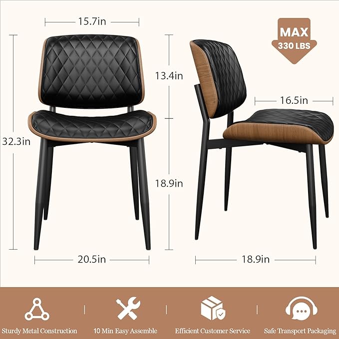 Dining Chairs Set of 4, Mid-Century Modern Upholstered PU Leather Chairs with Walnut Back and Metal Legs Adjustable Feet for Kitchen Dining Room, Black Diamond Plaid