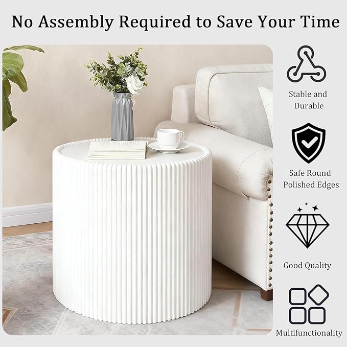 Round Coffee Table Set with Sintered Stone Tabletop, 29.52" Black Drum Center Table and 17.71" White Coffee Table Set, 2 Pieces Living Room Table Set with Fluted PU Leather Cover& Stable Base