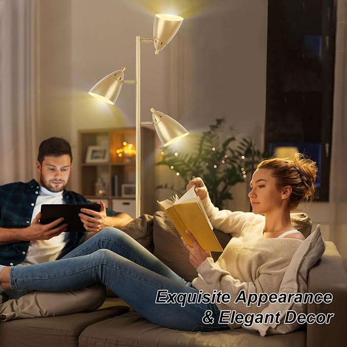 Tree Floor Lamp for Living Room, Industrial 3-Light Standing Lamp with 3 LED Bulbs, Adjustable Rotation Heads, Standing Tall Pole Lamp Farmhouse Rustic Reading Lamps for Bedroom Office (Gold)