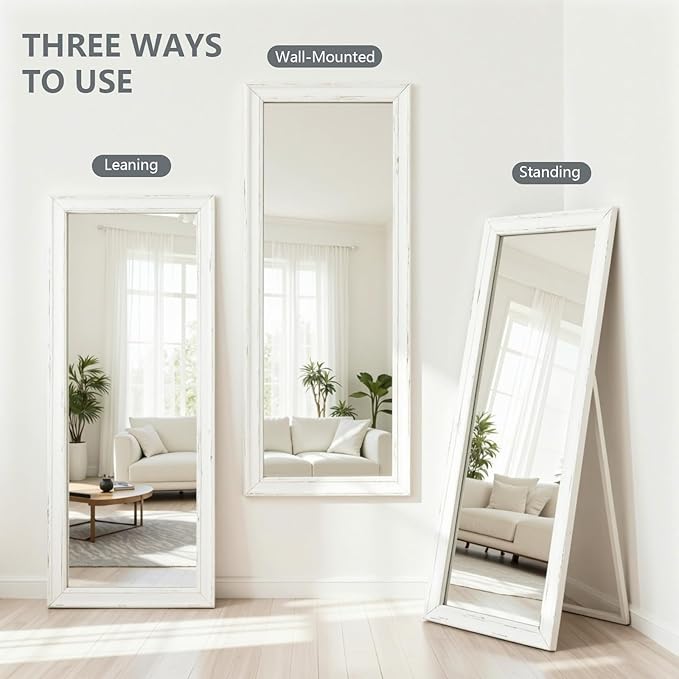 Yumyolk Full Length Mirror with Stand 64"x26" Large Vintage Wood Wall Mounted Mirrors for Bedroom White