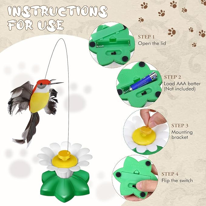 Vinsot 3 Pcs Electric Teasing Cat Toy Flying Interactive Cat Toy Automatic 360° Rotating Kitten Play Chase Supplies with 6 Pcs Replacement Head with Wire(Hummingbird)