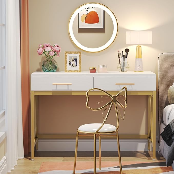 Tribesigns Modern Computer Desk with 2 Drawers, 41 Inches Study Writing Office Desk for Home Office, Bedroom, Makeup Vanity Table Desk with Gold Metal Frame, White & Gold