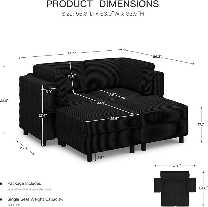 63" Modular Sectional Sofa with Storage Seat,Corduroy Sectional Couch Convertible 4 Seat Modular Sleeper Sofa Couch with Movable Ottoman Chaise,Comfy Sectional Couches for Living Room,Black
