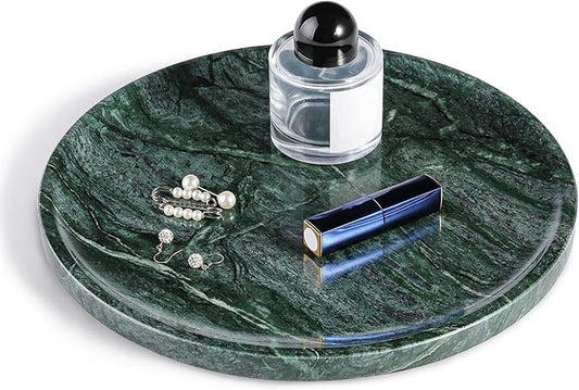 Natural Marble Serving Tray, 11.8in Marble Round Tray, Bathroom/Kitchen/Coffee Table Trays for Counter, Decorative Vanity Trays, Jewelry & Perfume Holder, Green Stone Serving Board