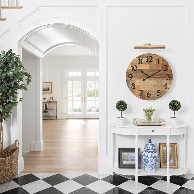 24 Inch Silent Large Wall Clock Battery Operated for Farmhouse Kitchen,Non-Ticking Retro Wall Clock with Big Numbers for Living Room,Vintage Wood Clock for Bedroom Home Country Office School