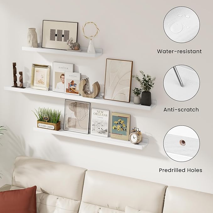 Solid Ash Wood Picture Ledge Shelf, 36 Inch Floating Shelves with Lip Set of 2, Photo Ledge Shelf Nursery Bookshelf Wall Mounted for Living Room Bedroom Decor, White