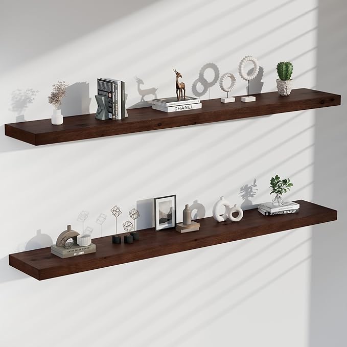foxsky 72 Inch Solid Pine Wood Floating Shelves for Wall with Hidden Brackets, Rustic Farmhouse Wall Mounted Shelf for Bathroom, Living Room, Bedroom, Kitchen, Office Decor (Walnut)