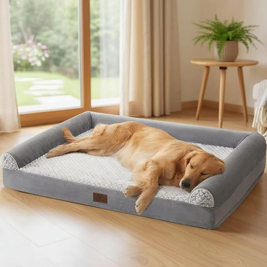 WNPETHOME Orthopedic Dog Beds for Large Dogs, Waterproof Memory Foam Large Dog Bed with Sides, Non-Slip Bottom and Egg-Crate Foam Big Pet Couch Bed with Washable Removable Cover, Grey
