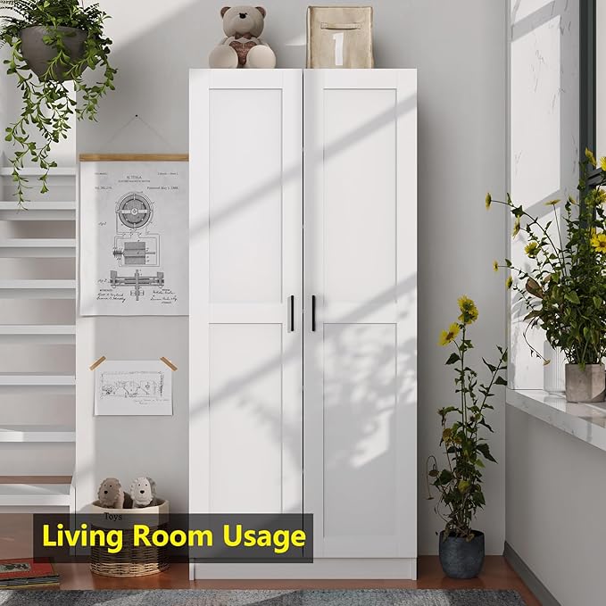 White Tall Kitchen Pantry Cabinet Organizers and Storage with Doors and Adjustable Shelves，Wood Large Gabinetes Para Cocina Office Bookshelf for Laundry Room Cabinets (31.5”W*15.7”D*71”H)