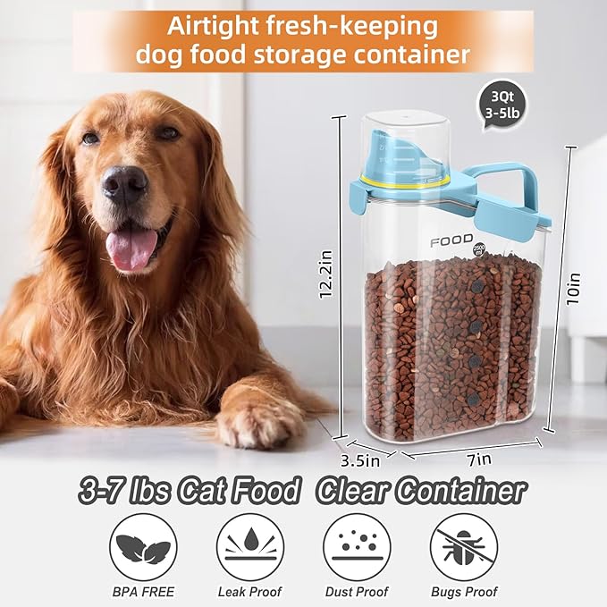 3-5Lbs Small Cat and Dog Food Storage Containers BPA Free, Airtight Pet Food Storage Containers with Large Pour Spout/1 Measuring Cup/ 3 Safety Locks and double-layer silicone strip（Bright Blue 1Pack）