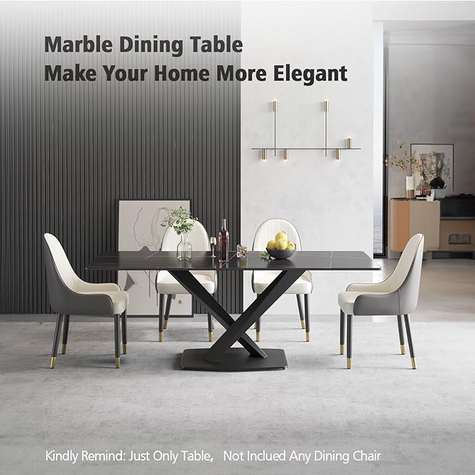 Modern Rectangle Marble Dining Table for 6,71" Black Sintered Stone Top Dining Table,Rectangle Dining Room Table with X-Shape Carbon Steel Pedestal for Kitchen/Living Room(Table Only)