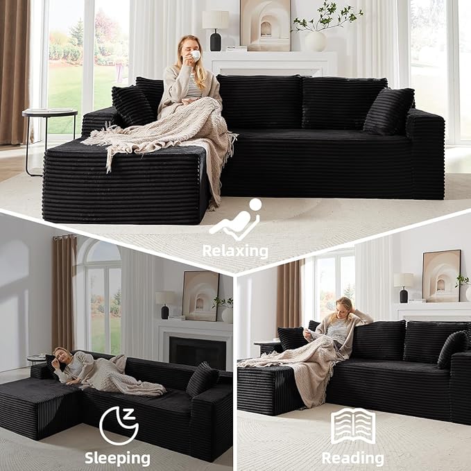 104 Inch Cloud Sectional Couch with L-Shape Chaise,Modern Upholstered Couches with Deep Seat,Corduroy Sponge Compressed Sofa for Living Room,No Assembly Required (Black)