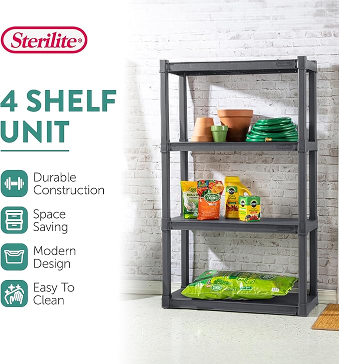 Sterilite 4-Shelf Plastic Storage Rack, Heavy Duty Shelving Unit for Garage, Gray