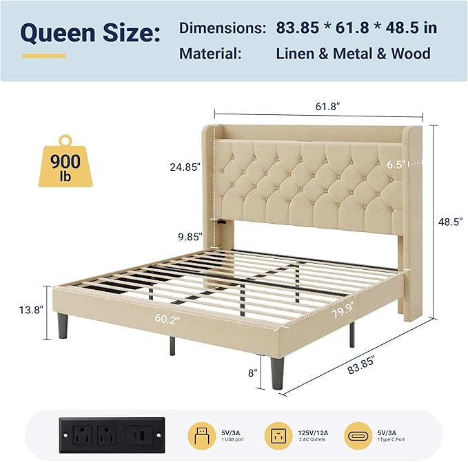 Allewie Queen Size Bed Frame, Storage Headboard with Charging Station, Wingback Linen Upholstered, Diamond Stitched Button Tufted, Sturdy Wooden Slats, No Box Spring Needed, Easy Assembly, Beige