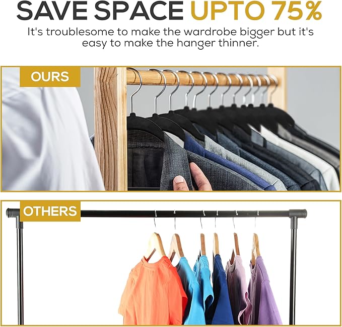 Premium Velvet Hangers 30 Pack Ultra Thin Non Slip Adult Felt Space Saving Suit Hanger for Closet Heavy Duty Coat Pants Jackets Dress Hangers 360° Swivel Hook Hold Upto 10 lbs Black