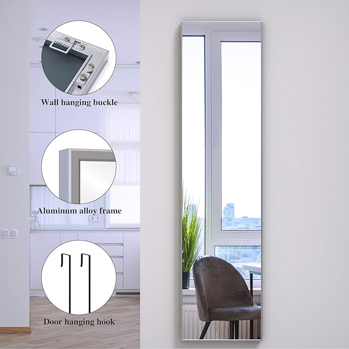 ANYHI Over The Door Mirror, 47"x12" Silver Full Length Mirror with 2 Hooks, Aluminum Brushed Frame, for Bedroom Bathroom