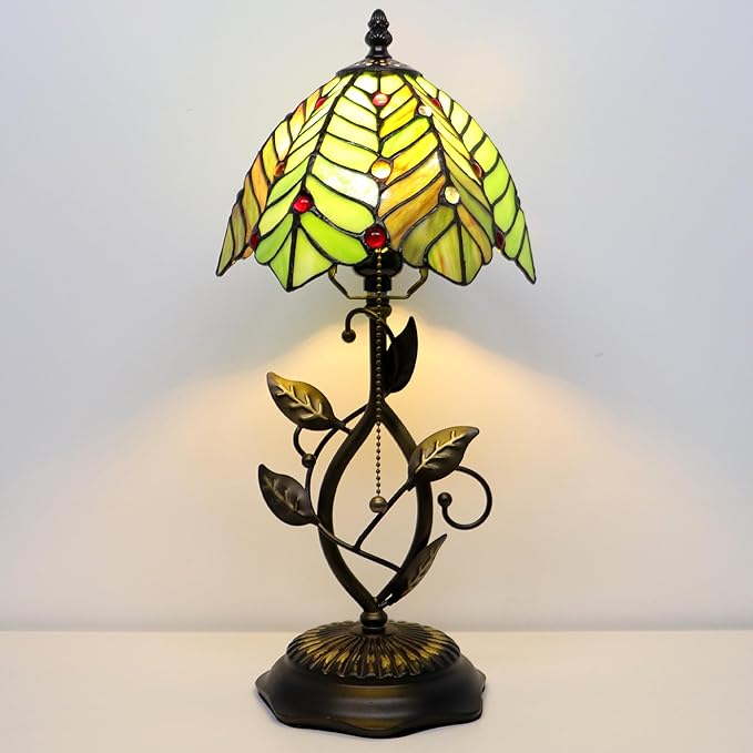 Small Tiffany Lamp Brown Green Coconut Leaves Style Stained Glass Table Lamps Desk Bedside Reading Light 8X8X18 Inches with Bronze Metal Leaf Resin Base