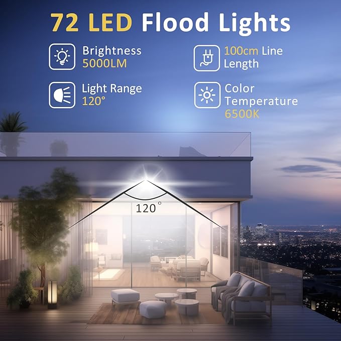 50W LED Flood Light Outdoor, 5000LM Super Bright Floodlight Outside Work Light with Plug, 6500K Daylight White LED Flood Light Outdoor, IP66 Waterproof Outdoor Flood Light-1Pack