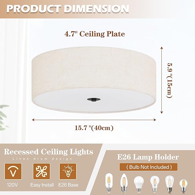 15.7 Inch 3-Light Drum Modern Black Ceiling Light Fixture Flush Mount Ceiling Light Fixture Dimmable Close to Ceiling Light Fixture with Fabric Shade for Living Room Hallway Entryway Bedroom