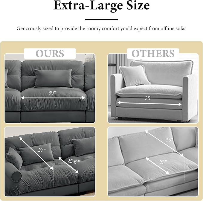 93.7” Oversized Grey Velvet Loveseat Sofa, Deep Seat 2-Seater Modular Sectional Couches for Living Room with 1 Ottoman, Cloud Home Sofas Set, Love Seat Couches