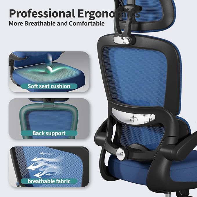 TRALT Office Chair Ergonomic Desk Chair, 330 LBS Home Mesh Office Desk Chairs with Wheels, Comfortable Gaming Chair, High Back Office Chair for Long Hours (Black+Blue)