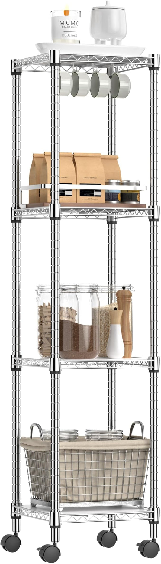 IZEUK 4 Tier Steel Storage Shelves, Adjustable Wire Shelving Unit for Kitchen, Bathroom, or Office Organization, Heavy Duty Metal Rack, 11.8" D x 11.8" W x 48.1" H, Chrome