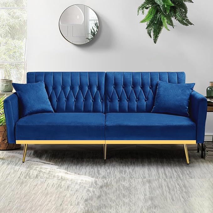 70” Velvet Futon Sofa Bed w/Adjustable Armrests and Backrest, Convertible Futon Couch w/2 Pillows, Modern Sleeper Bed for Living Room, Bedroom, Blue
