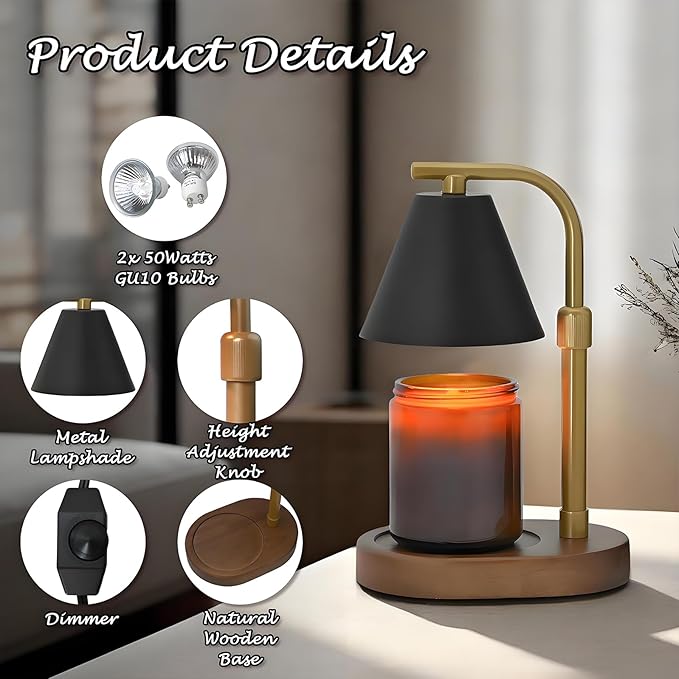 SOKCVSEA Candle Warmer Lamp - Candle Warmer with Diamond Height Adjustable, Birthday Gifts for Women Mom Gifts, House Warming Gifts New Home Decor, Wax Melt with 2 Bulb BlackGold