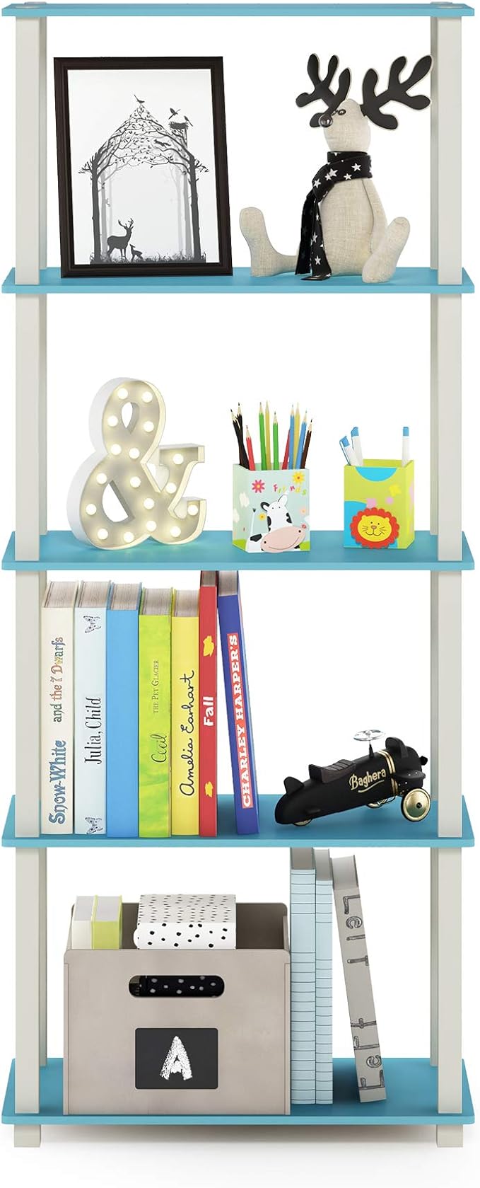 Furinno Turn-N-Tube 5-Tier Multipurpose Shelf / Display Rack / Storage Shelf / Bookshelf, Square Tubes, Light Blue/White